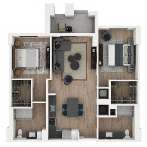 Floor plan for 2 beds, 2 baths, 1121 sqft