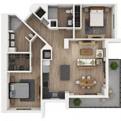 Floor plan for 2 beds, 2 baths, 1196 sqft