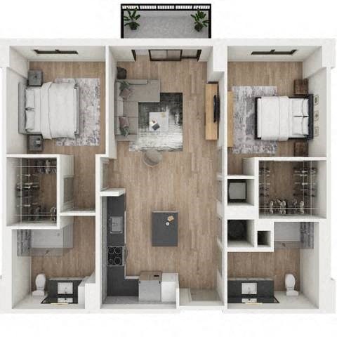 Floor plan for 2 beds, 2 baths, 1097 sqft
