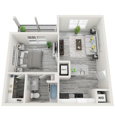 Floor plan for 1 bed, 1 bath, 598 sqft
