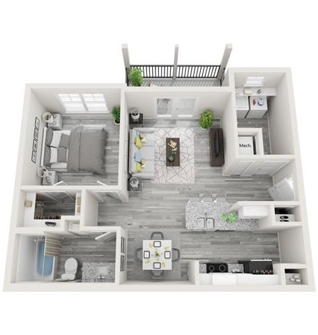 Floor plan for 1 bed, 1 bath, 737 sqft