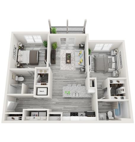 Floor plan for 2 beds, 2 baths, 974 sqft