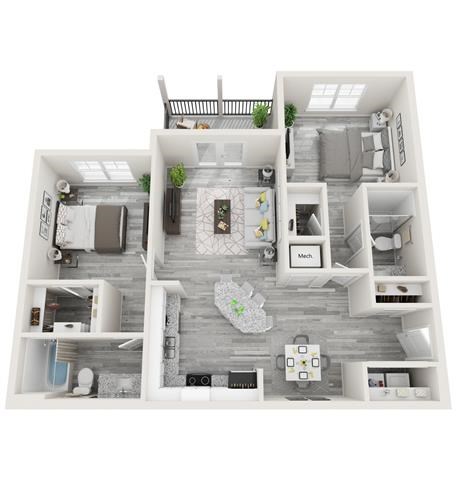 Floor plan for 2 beds, 2 baths, 1068 sqft