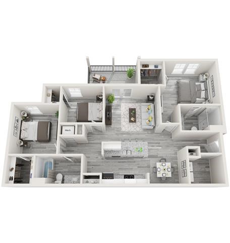 Floor plan for 3 beds, 2 baths, 1288 sqft