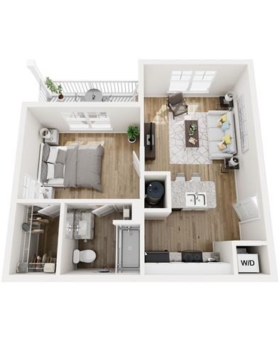 Floor plan for 1 bed, 1 bath, 598 sqft