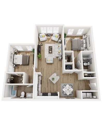 Floor plan for 2 beds, 2 baths, 1054 sqft
