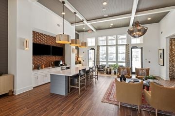 Charlotte apartment for rent - A modern kitchen with a dining area and a living room.