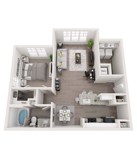 Floor plan for 1 bed, 1 bath, 737 sqft