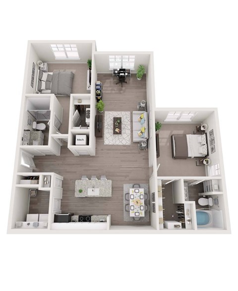 Floor plan for 2 beds, 2 baths, 1168 sqft