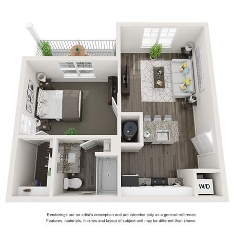 Floor plan for 1 bed, 1 bath, 598 sqft