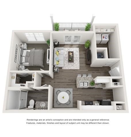 Floor plan for 1 bed, 1 bath, 737 sqft