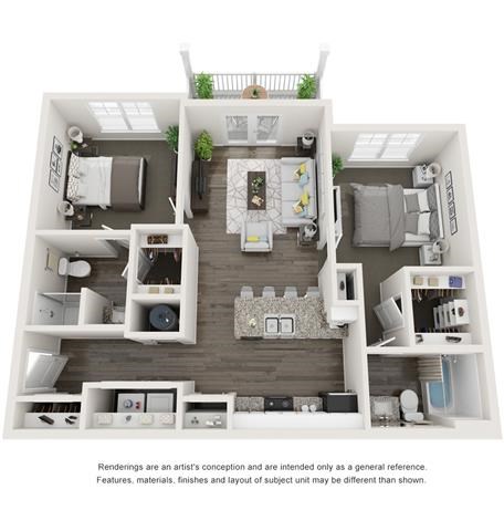 Floor plan for 2 beds, 2 baths, 974 sqft