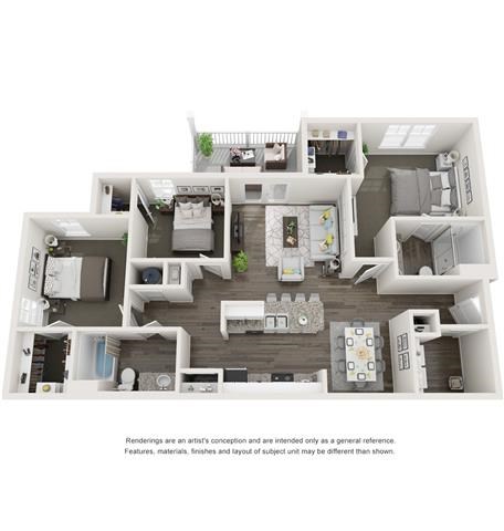 Floor plan for 3 beds, 2 baths, 1289 sqft
