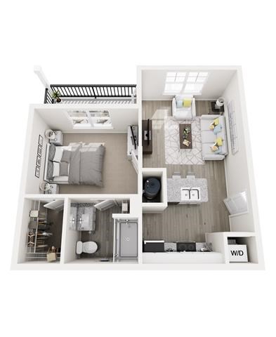 Floor plan for 1 bed, 1 bath, 598 sqft