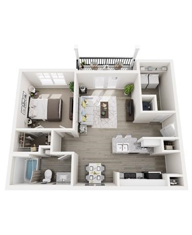 Floor plan for 1 bed, 1 bath, 737 sqft