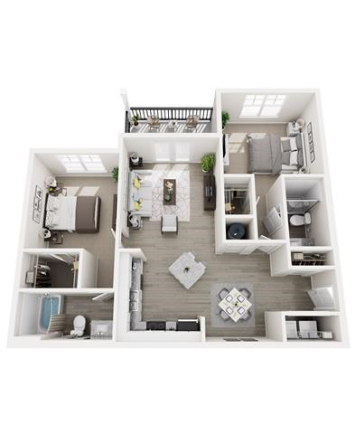 Floor plan for 2 beds, 2 baths, 1053 sqft