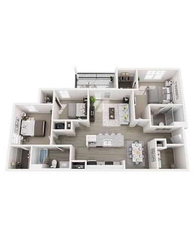 Floor plan for 3 beds, 2 baths, 1288 sqft