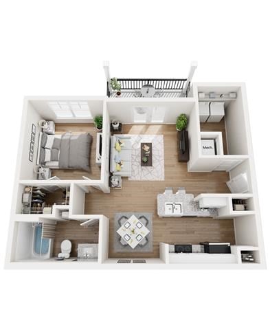 Floor plan for 1 bed, 1 bath, 737 sqft