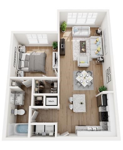 Floor plan for 1 bed, 1 bath, 793 sqft
