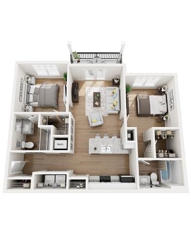 Floor plan for 2 beds, 2 baths, 974 sqft