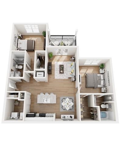 Floor plan for 2 beds, 2 baths, 1168 sqft