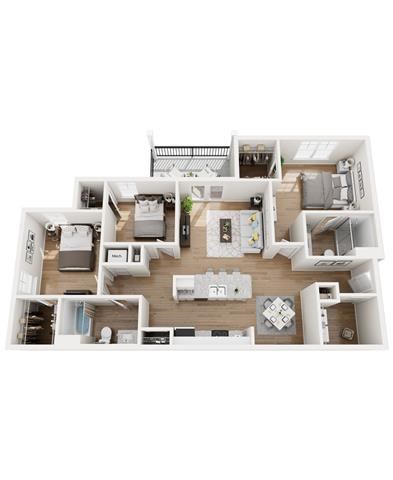 Floor plan for 3 beds, 2 baths, 1288 sqft