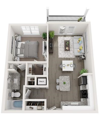 Floor plan for 1 bed, 1 bath, 793 sqft