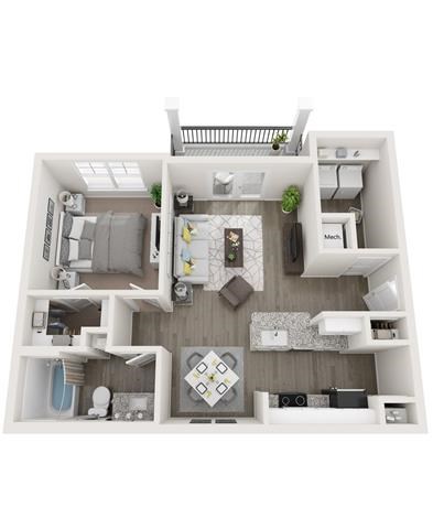 Floor plan for 1 bed, 1 bath, 822 sqft