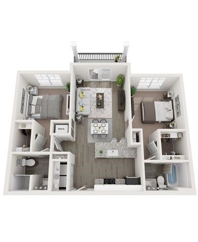 Floor plan for 2 beds, 2 baths, 953 sqft