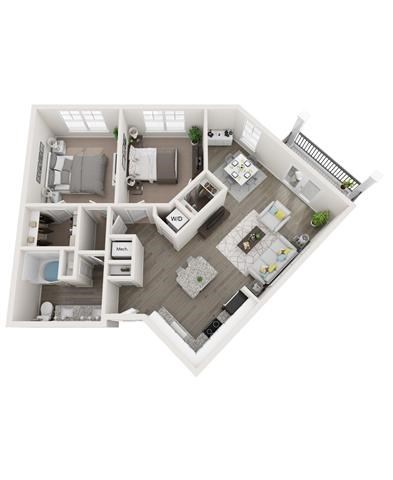 Floor plan for 2 beds, 2 baths, 1024 sqft