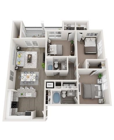 Floor plan for 3 beds, 2 baths, 1264 sqft