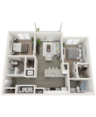 Floor plan for 2 beds, 2 baths, 1054 sqft