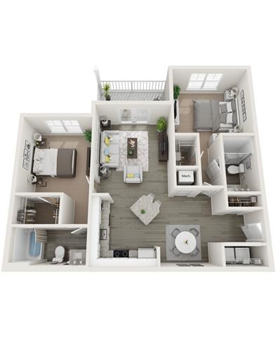 Floor plan for 2 beds, 2 baths, 1068 sqft