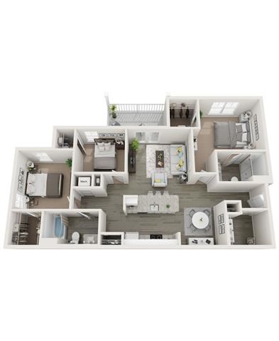 Floor plan for 3 beds, 2 baths, 1288 sqft