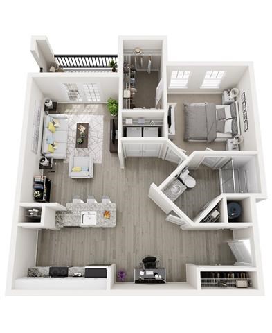 Floor plan for 1 bed, 1 bath, 884 sqft
