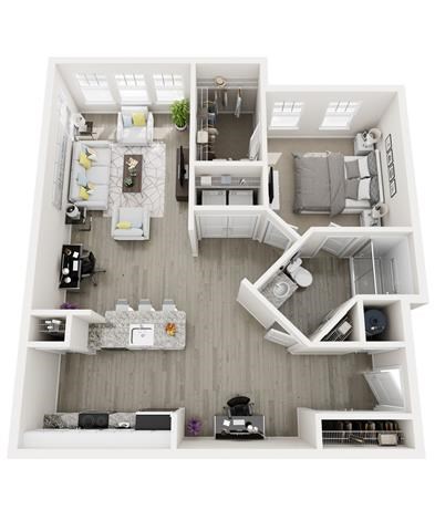 Floor plan for 1 bed, 1 bath, 884 sqft