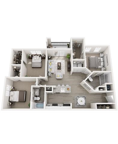 Floor plan for 3 beds, 2 baths, 1373 sqft