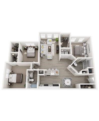 Floor plan for 3 beds, 2 baths, 1373 sqft