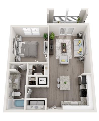 Floor plan for 1 bed, 1 bath, 711 sqft