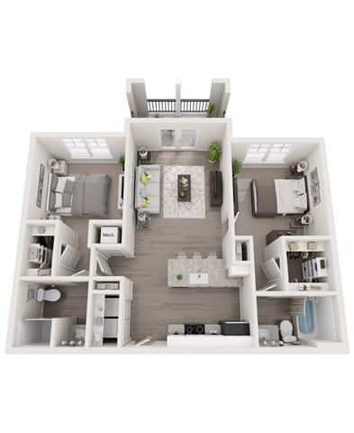 Floor plan for 2 beds, 2 baths, 1031 sqft