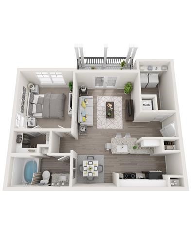 Floor plan for 1 bed, 1 bath, 737 sqft