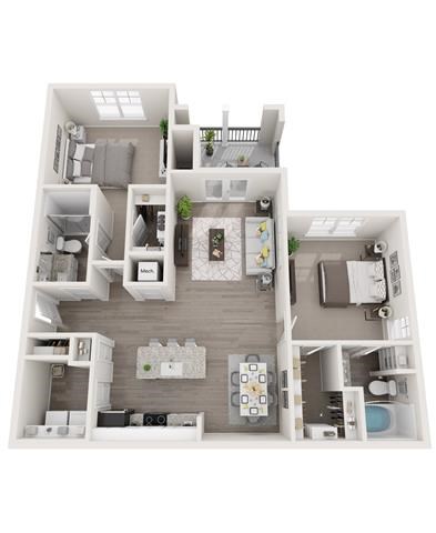 Floor plan for 2 beds, 2 baths, 1168 sqft