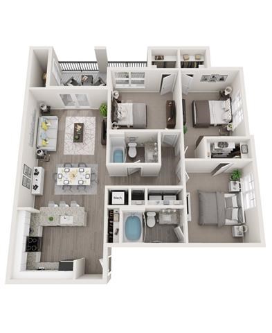 Floor plan for 3 beds, 2 baths, 1264 sqft