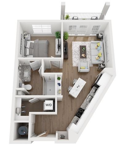 Floor plan for 1 bed, 1 bath, 651 sqft