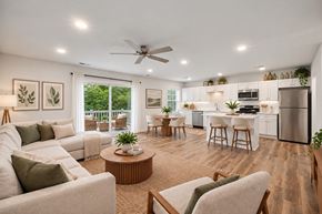 Virginia Beach apartment for rent - A well-lit, modern living room with a kitchen in the background.