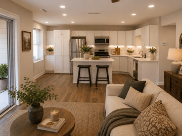 Virginia Beach apartment for rent - A modern living room with a white sofa and a coffee table with a plant and a book on it.