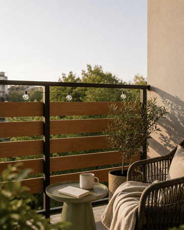 Surrey apartment for rent - A small table with a book and a cup on it sits on a balcony.