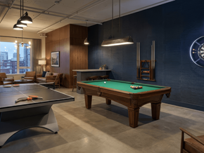 Surrey apartment for rent - A pool table in a room with a dartboard on the wall.