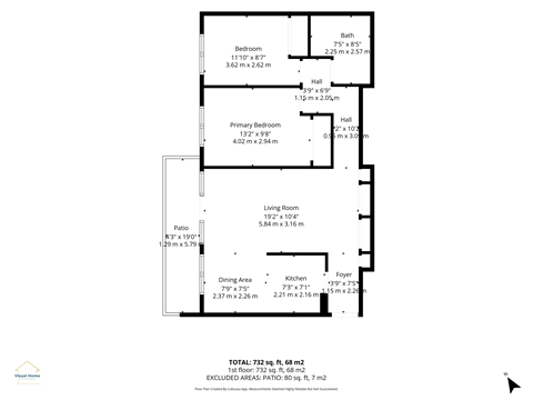 Floor plan for 2 beds, 1 bath