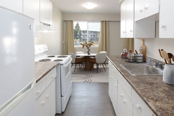 Prince George apartment for rent - A kitchen with white cabinets and a marble countertop.